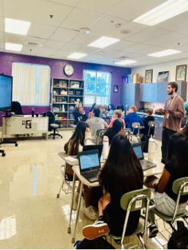 Mr Reynolds is shown teaching his first period class about the 13 colonies. 