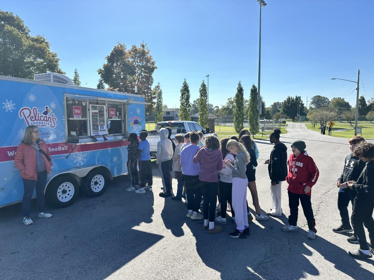 BGJHS 7th- graders line up for snow cones at Kereiakes Park to enjoy their pride reward on Thursday, October 18th.