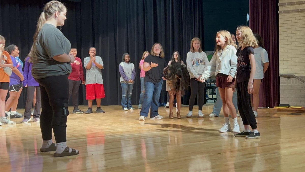 Student’s practices their lines before the fall play at BGJHS after school with Mr. Quinn