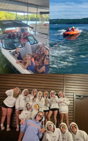 6th-grade students (now 7th graders) and their leader Jess go on a tubing activity at Wyldlife Camp- (TOP LEFT)
6th graders (now 7th graders) Anne Michael Hensley and Ruby Heltsley on a tubing activity on the lake at Wyldlife Camp- (TOP RIGHT)
6th-grade students (now 7th graders) and their leader Jess dress up cool as they dance for a competition at Wyldlife Camp- (BOTTOM)
