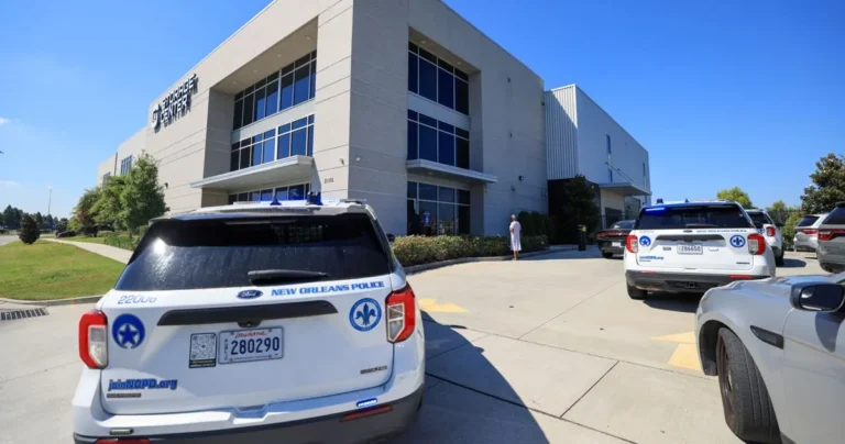 Police tape near a New Orleans East storage facility where investigators say a woman was shot and killed